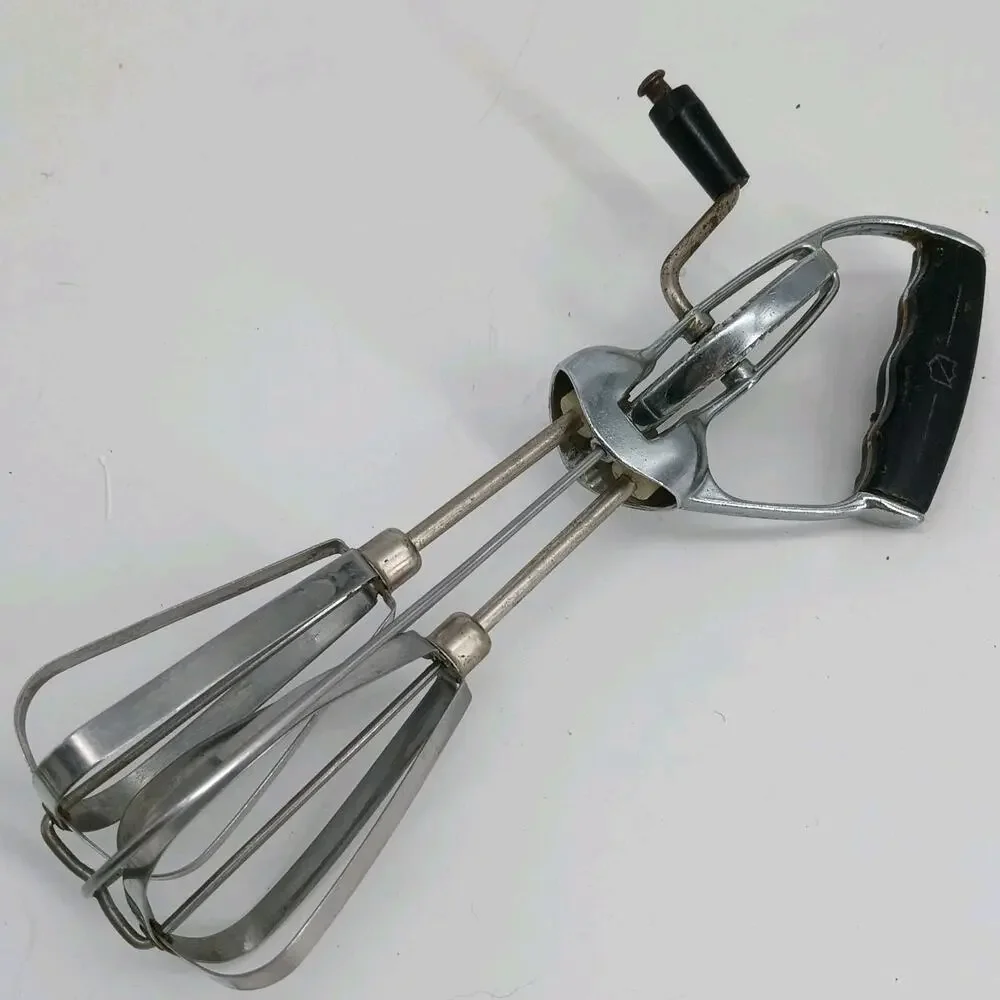 Vintage US Stainless Steel Rotary Egg Beater Hand Crank Mixer Black Handle USA